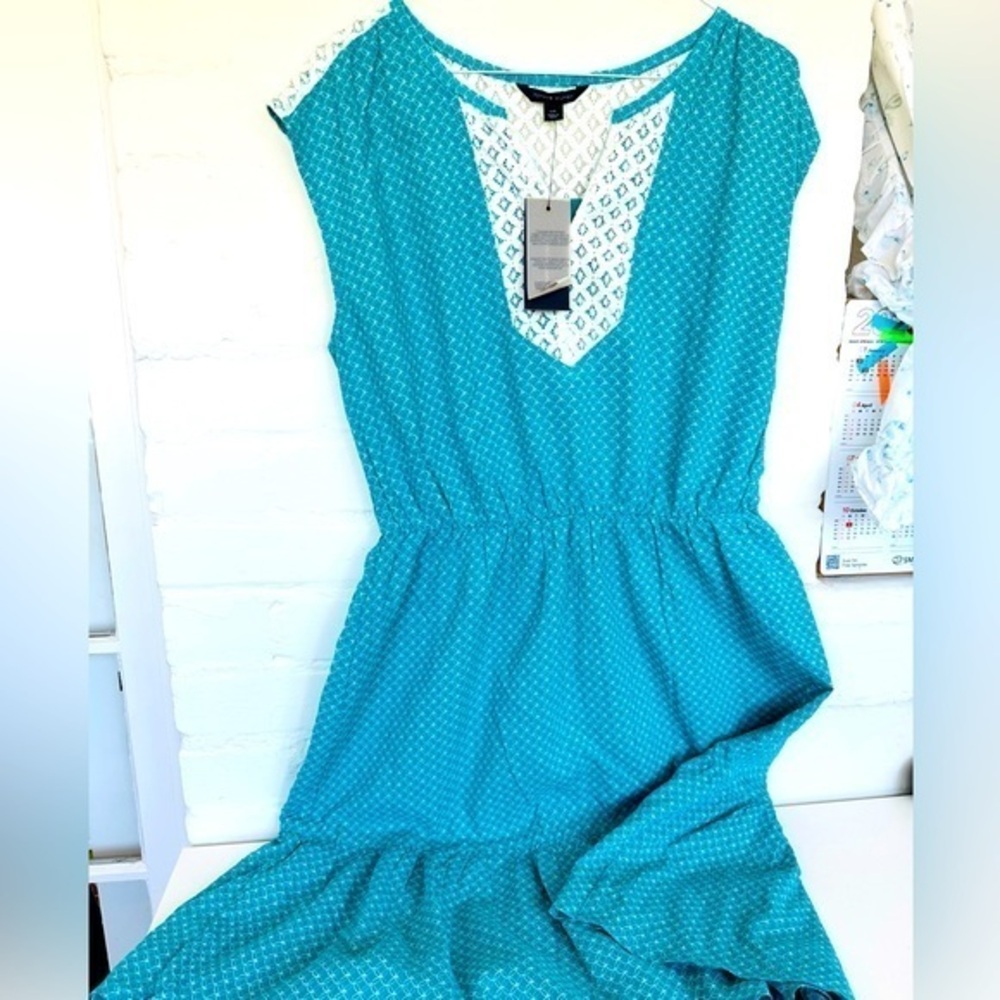 Tommy Hilfiger Lace‎ Summer Dress Teal Blue, Blue, & White Pattern. L NWT